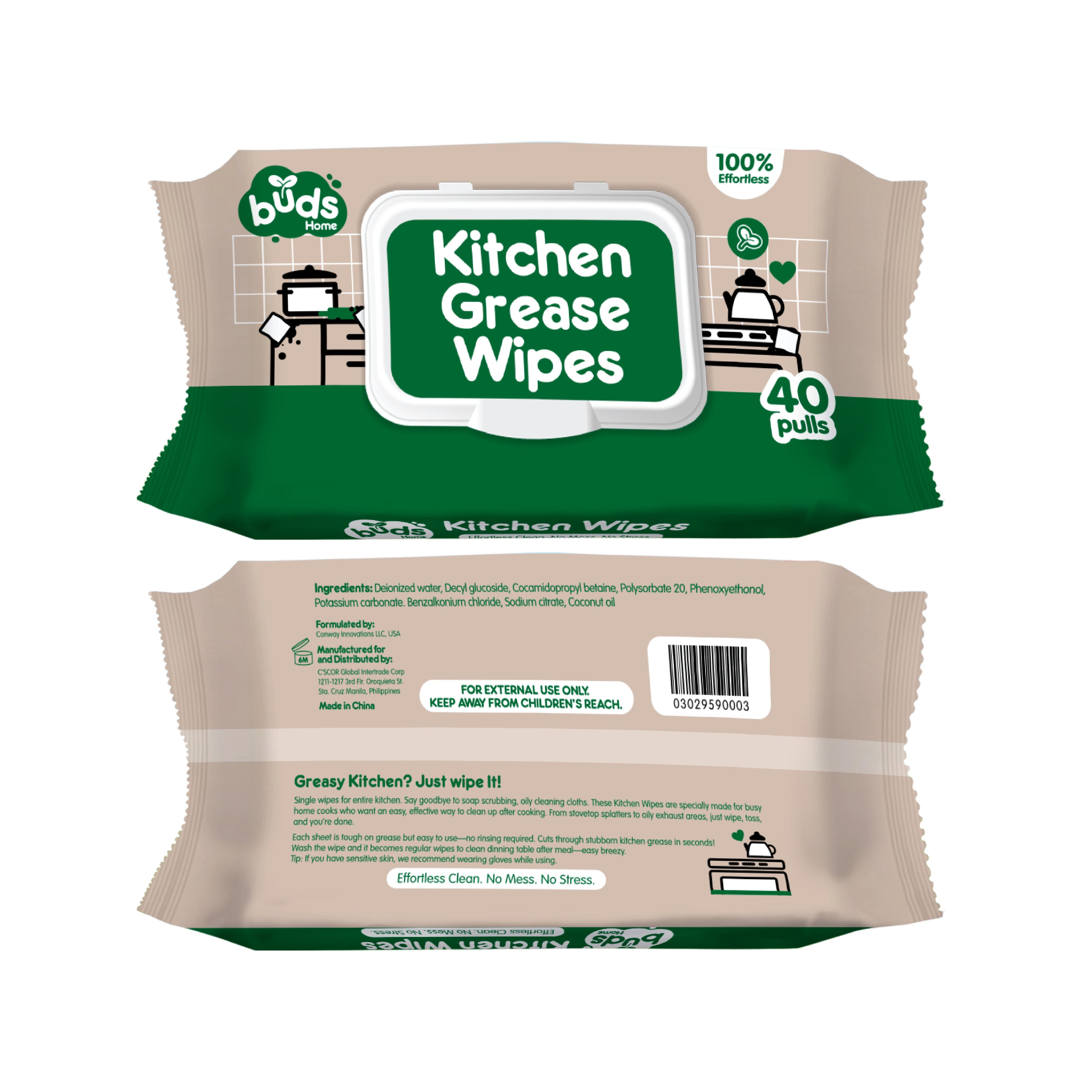 Buds Home Kitchen Grease Wipes 40 Pulls