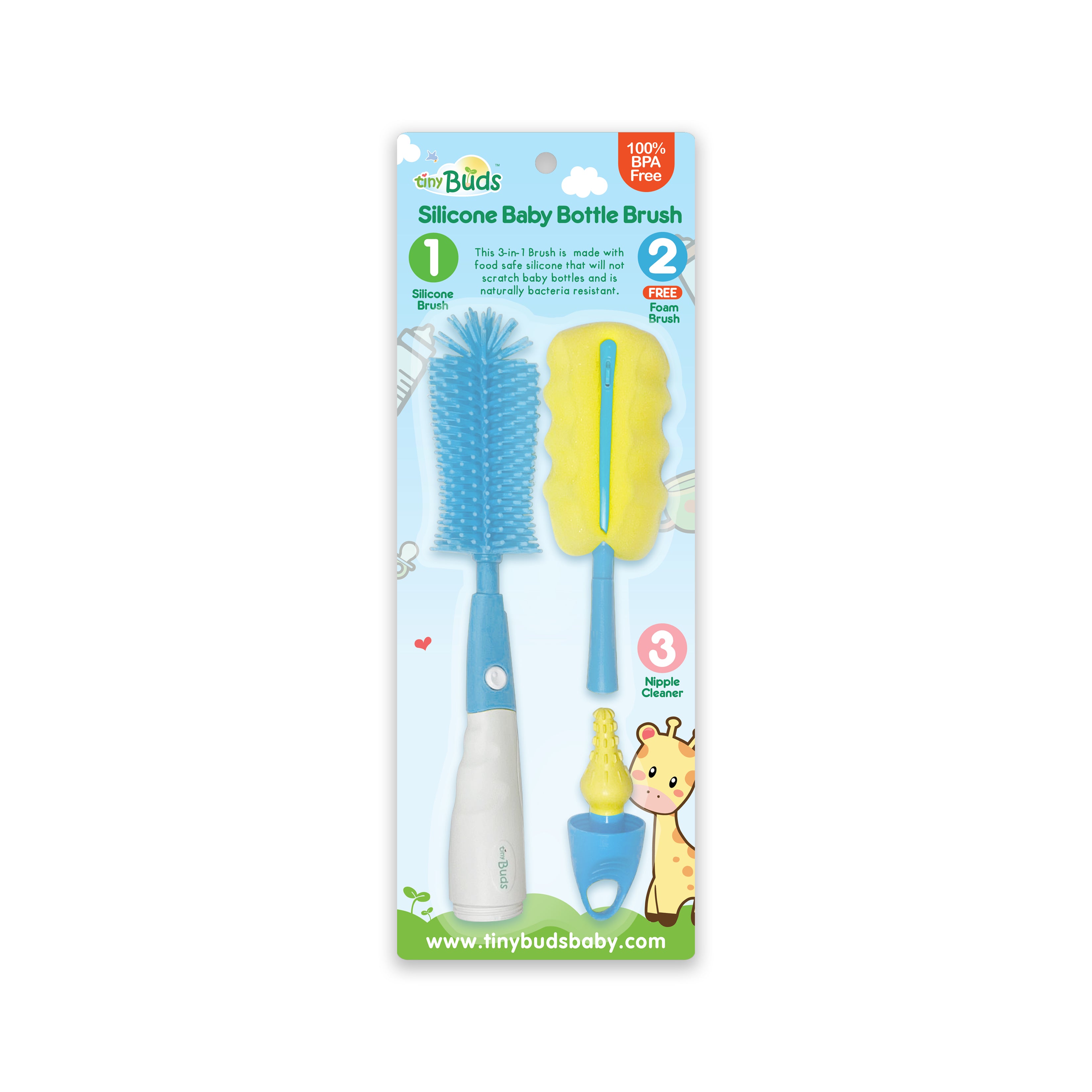 Tiny Buds Non-Scratch Silicone Baby Bottle Brush-BLUE
